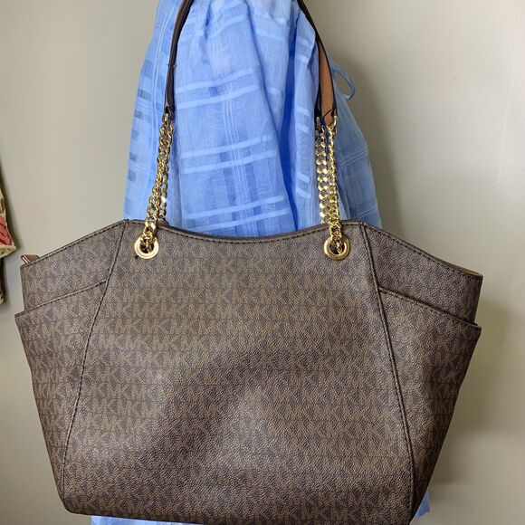Michael Kors Jet Set Large Travel Chain Shoulder Tote Signature Brown - Picture 3 of 16
